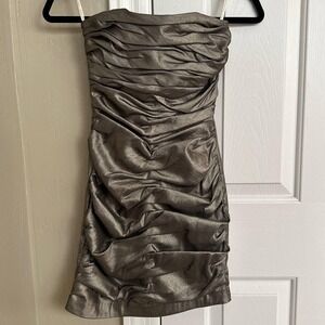 Vintage Y2K Jessica McClintock Metallic Bronze Ruched Strapless Mini Dress Sz 12
